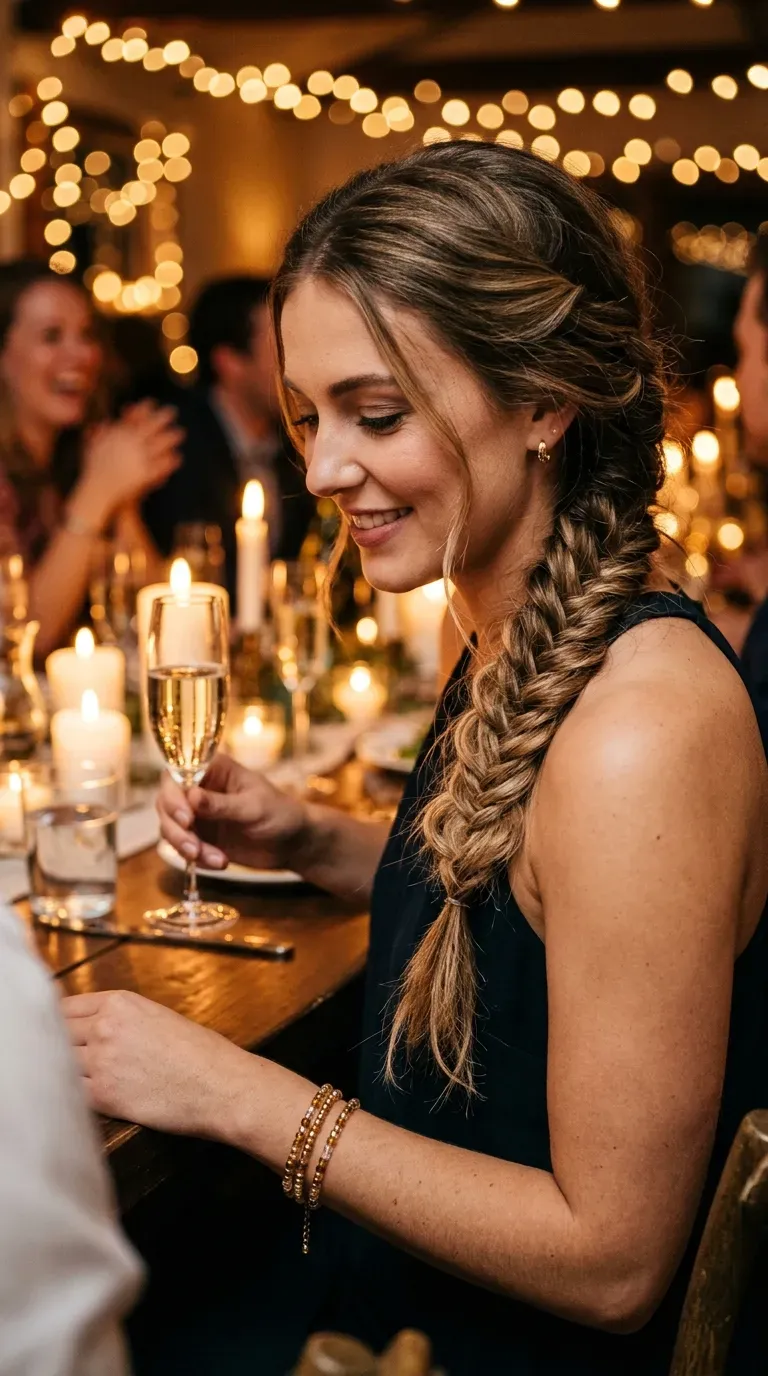 Woman with fine hair wearing a loose fishtail braid draped over one shoulder at a party