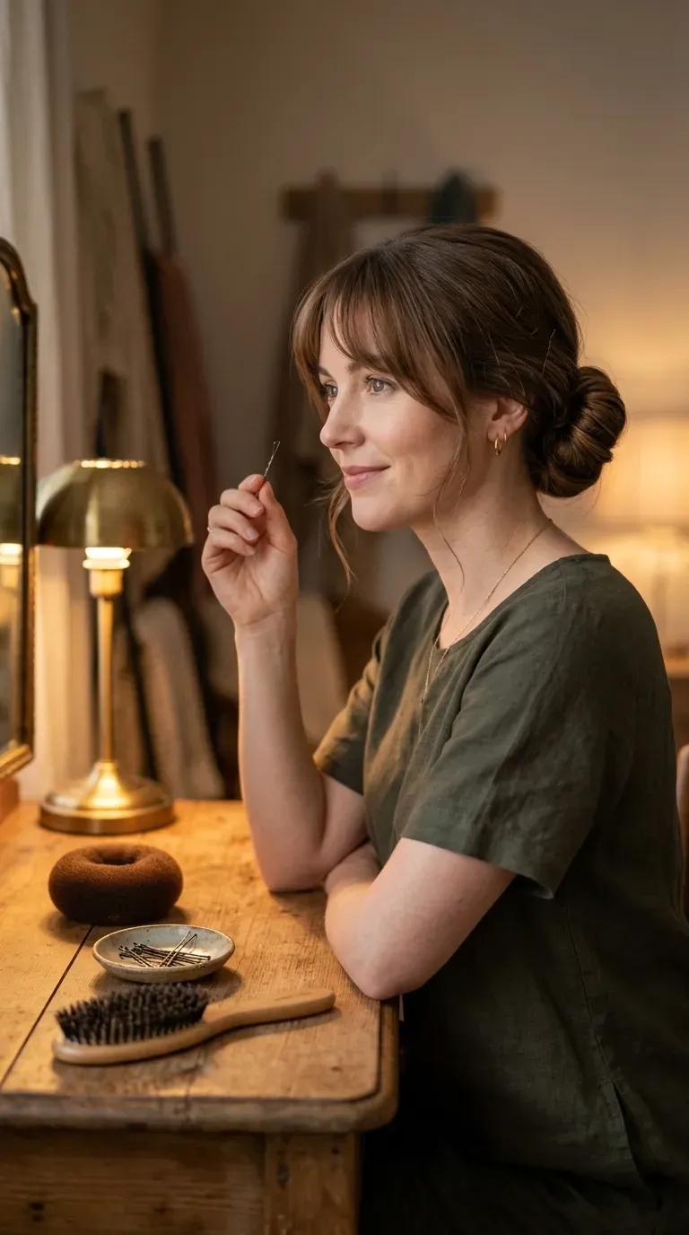 Woman wearing a low bun with soft face-framing fringe around a round face