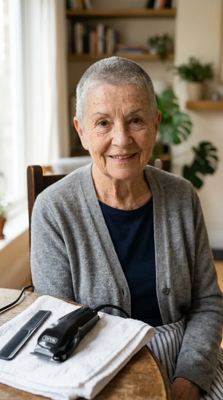 Elderly woman with a very short, low-maintenance cropped haircut