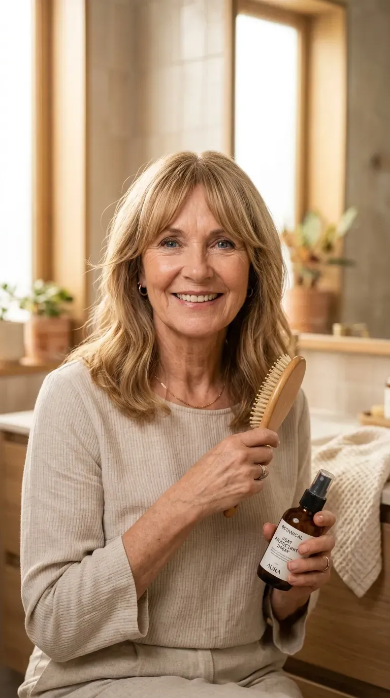 Woman over 60 with medium-length hair paired with soft curtain bangs