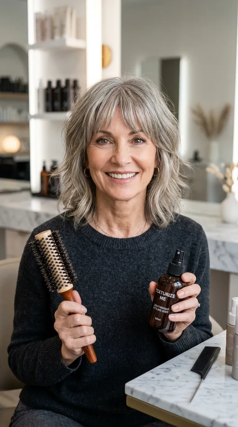 Woman over 60 with a medium-length shag paired with soft bangs