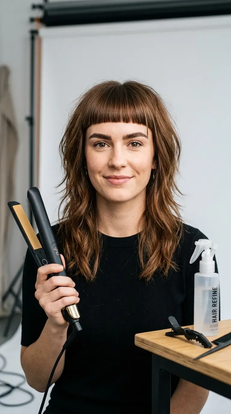 Woman with a medium shag paired with a precise blunt fringe