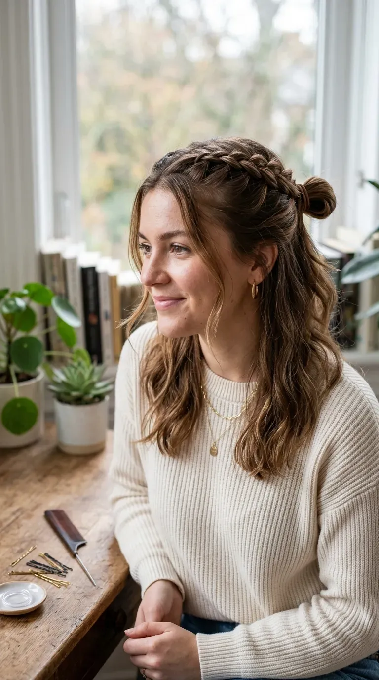 Woman with a medium shag styled in a braided half-up hairstyle