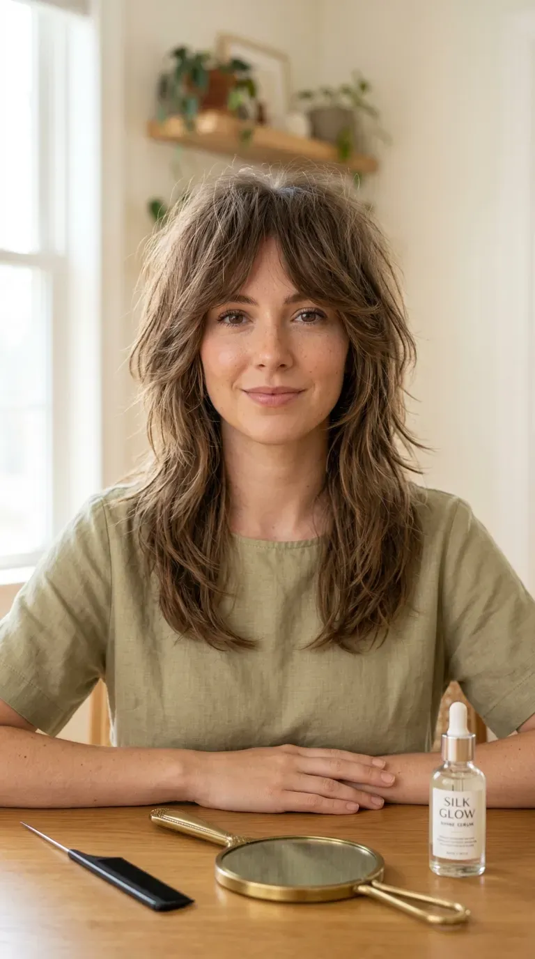 Woman with a medium shag styled with a precise center part