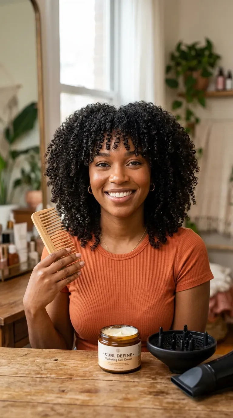 Woman with naturally coily hair styled into a medium shag with soft, layered volume