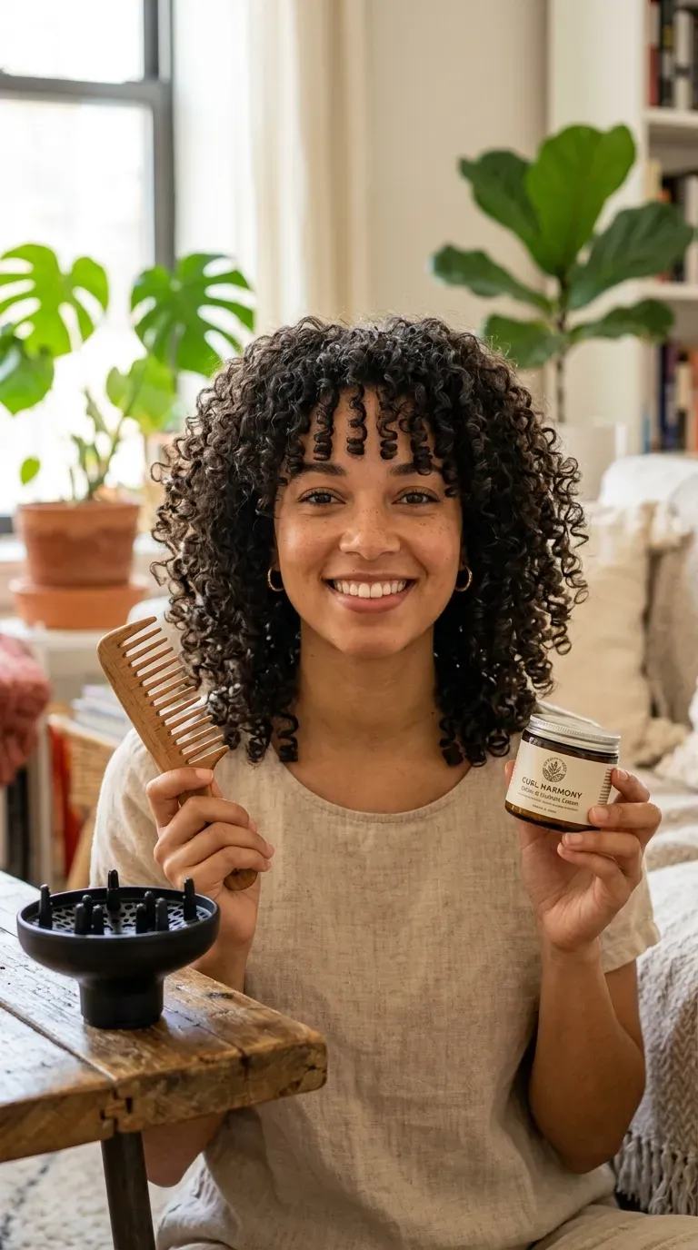Woman with naturally curly hair styled into a medium shag with well-defined curls