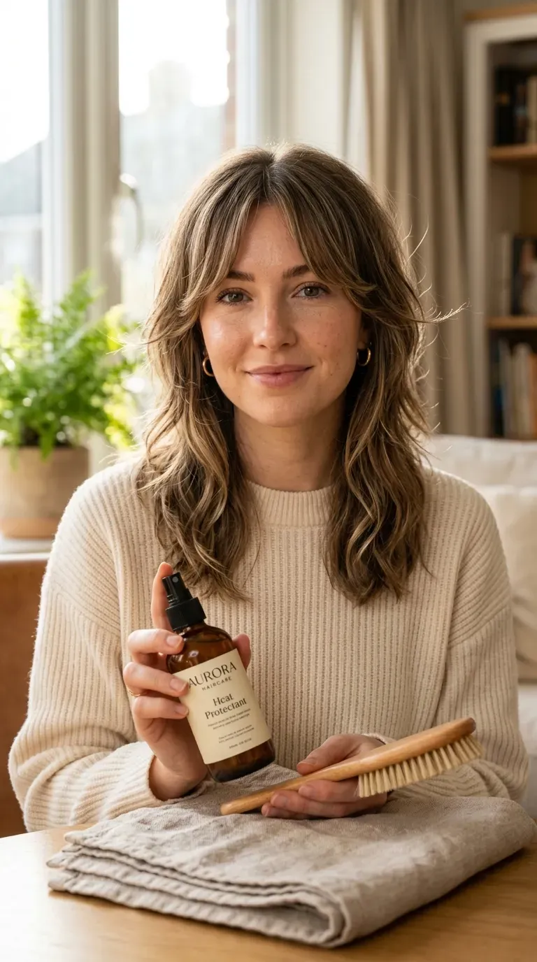 Woman with a medium shag paired with soft curtain bangs
