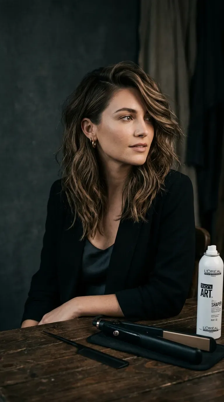 Woman with a medium shag styled with a deep, dramatic side part