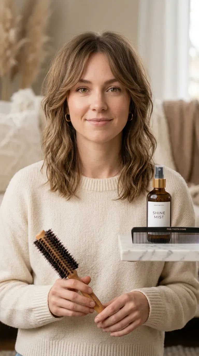Woman with a medium shag featuring soft face-framing layers