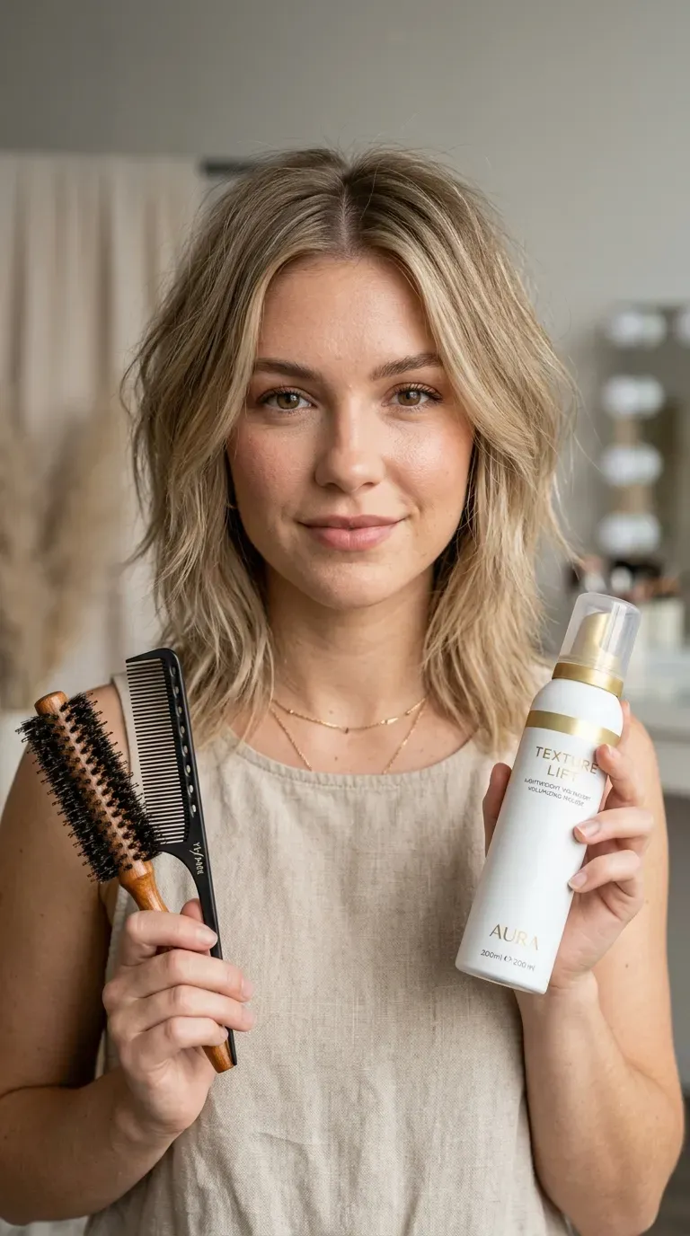 Woman with a medium shag styled to add fullness to fine hair