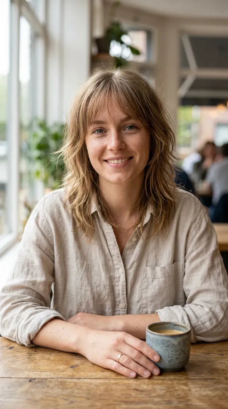 Woman with thin fine hair wearing a medium-length shag with thin see-through bangs