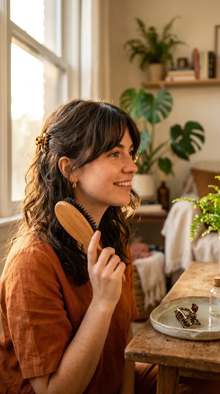 Woman with a medium shag and long side-swept bangs