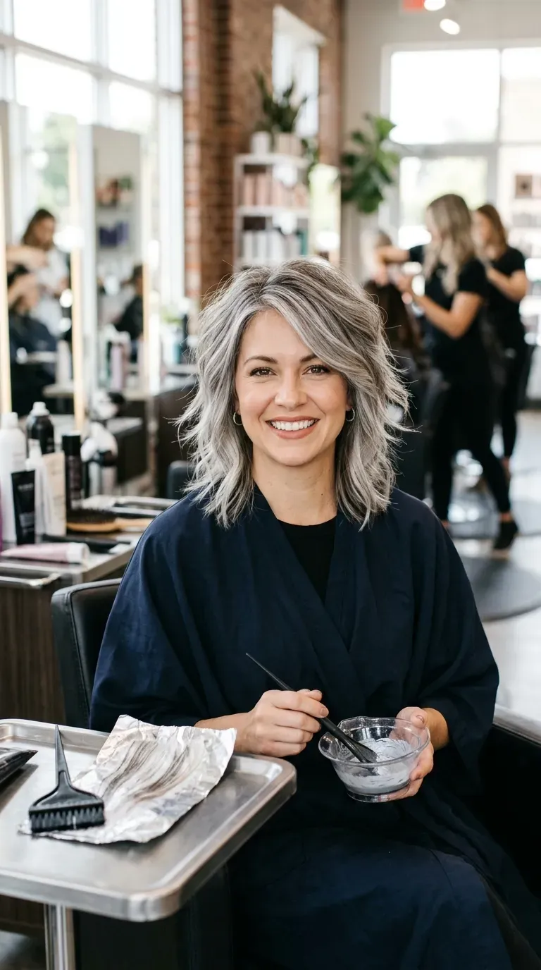 Woman with a medium shag featuring soft, dimensional silver highlights