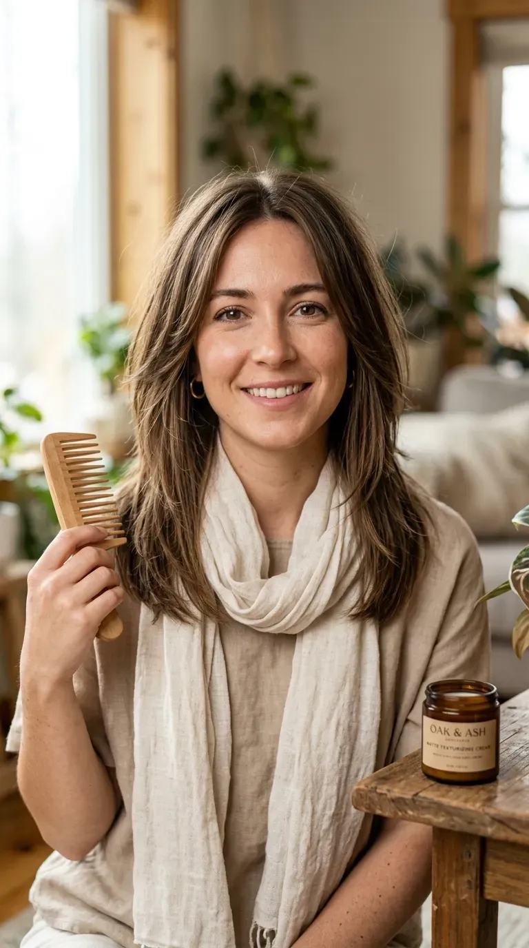 Woman with straight hair styled into a medium-length shag with layered texture