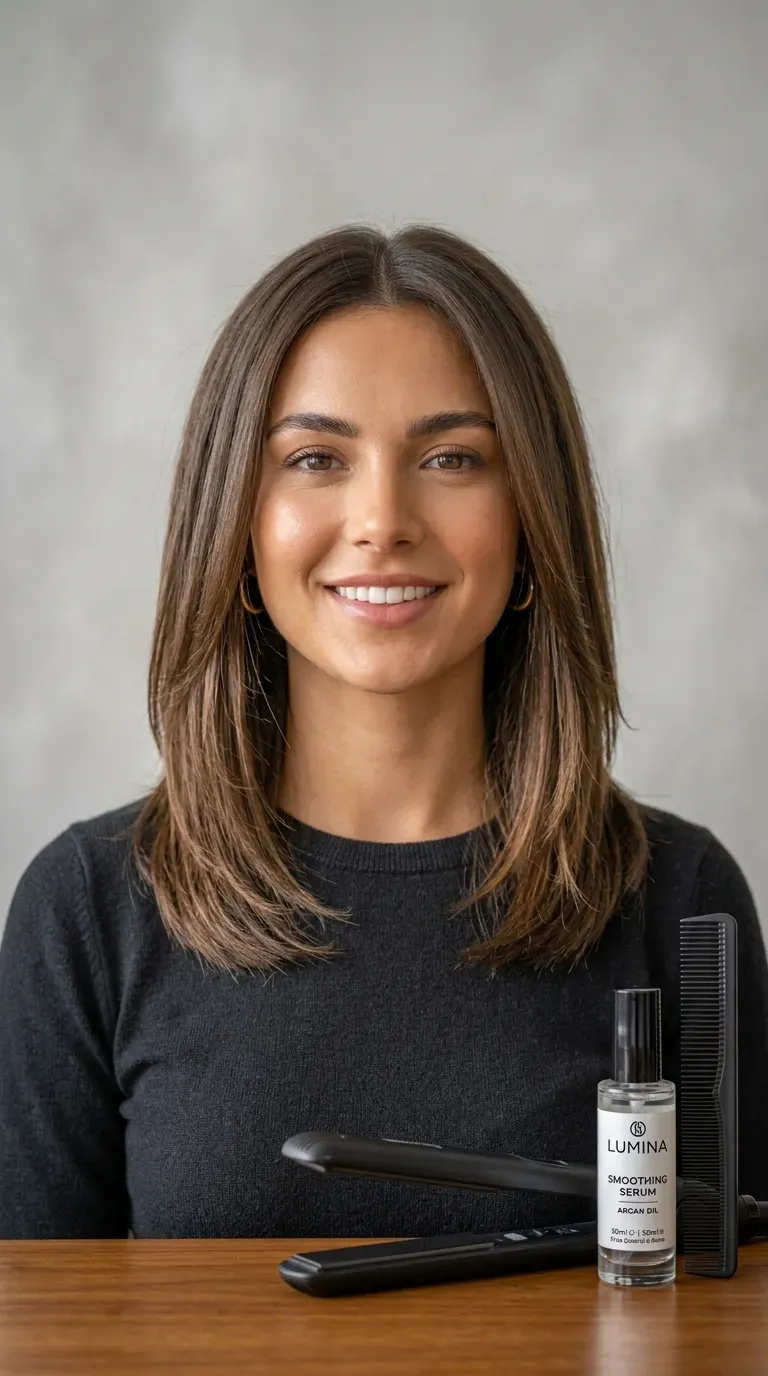 Woman with a medium shag straightened sleek and smooth