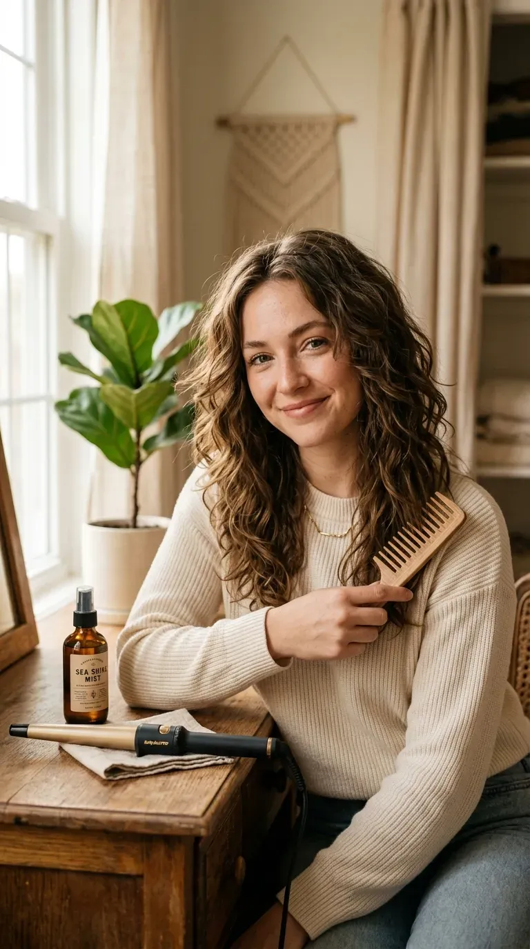 Woman with wavy hair styled into a medium shag that enhances the natural wave