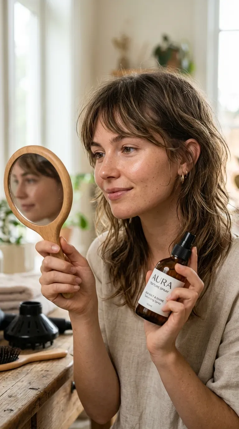 Woman with a medium shag paired with a soft, wispy fringe