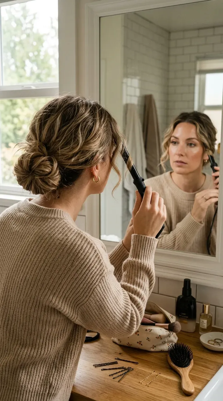 Woman with fine hair wearing a messy low bun with soft face-framing tendrils at a party
