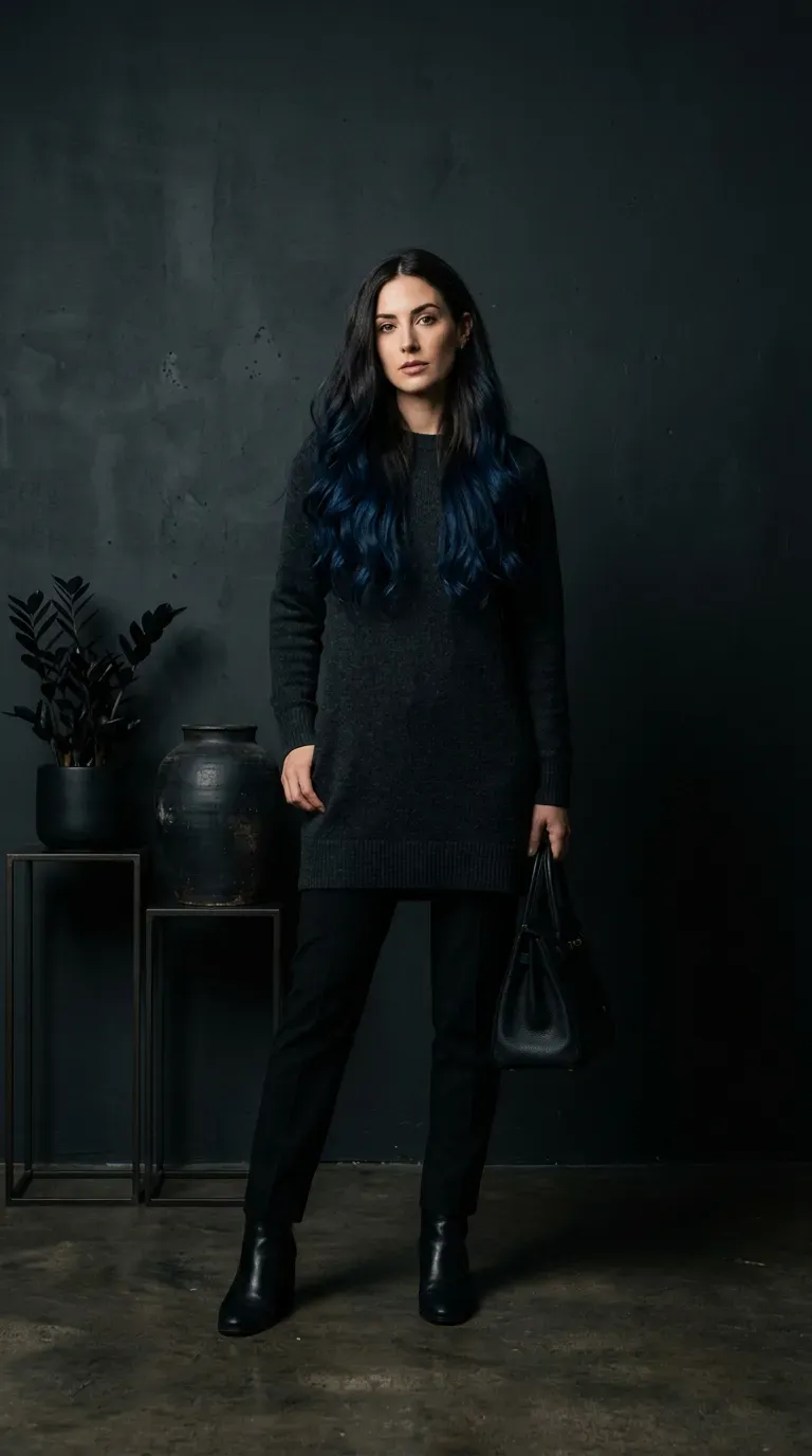 Woman with dark brunette hair transitioning into deep midnight blue ombre ends