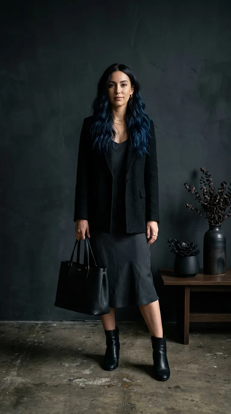 Woman with dark brunette hair transitioning into deep midnight blue ombre ends