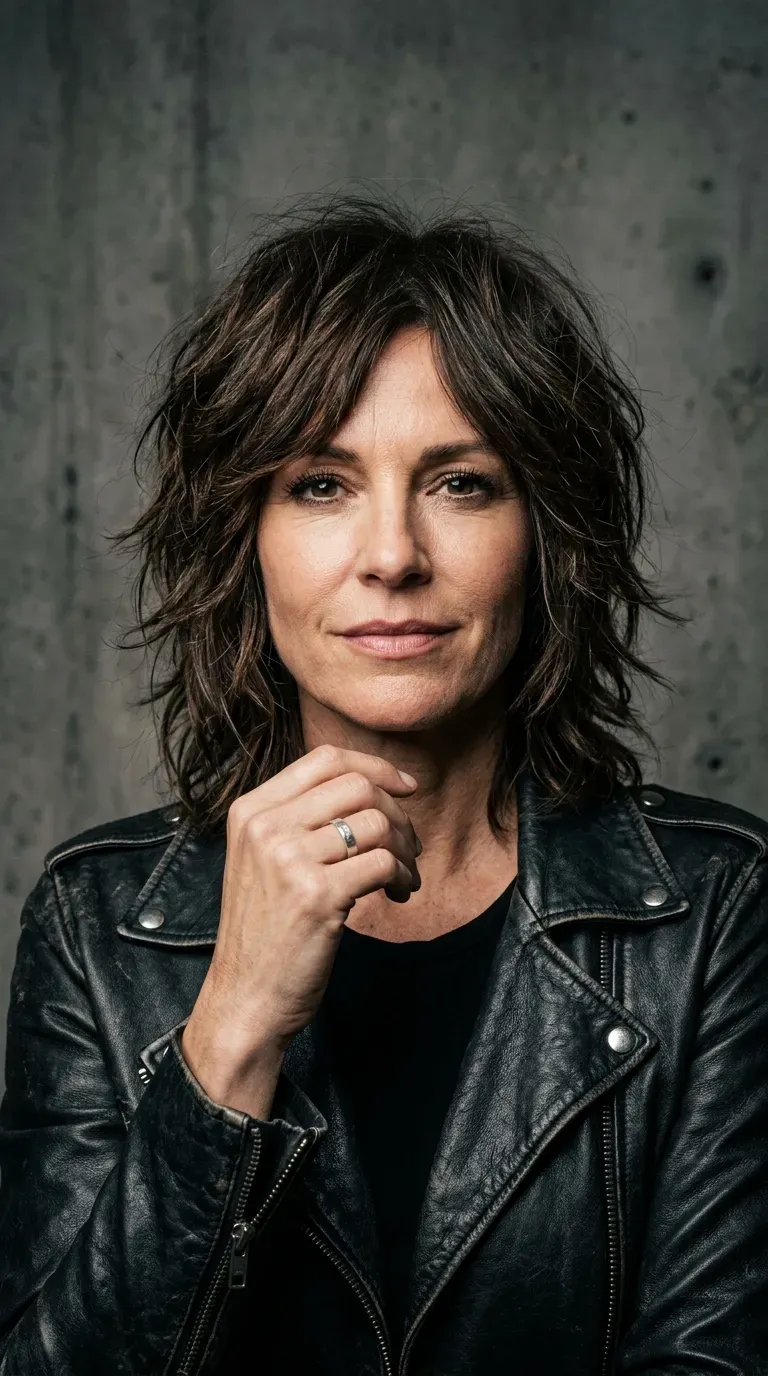 Woman over 40 with modern shoulder-length shag haircut showing piecey layered texture