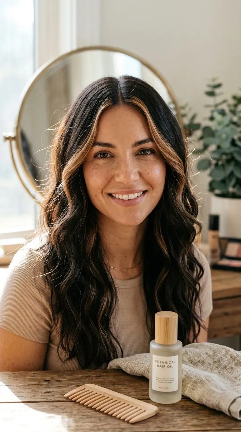Brunette woman with caramel money-piece balayage framing her face in soft waves