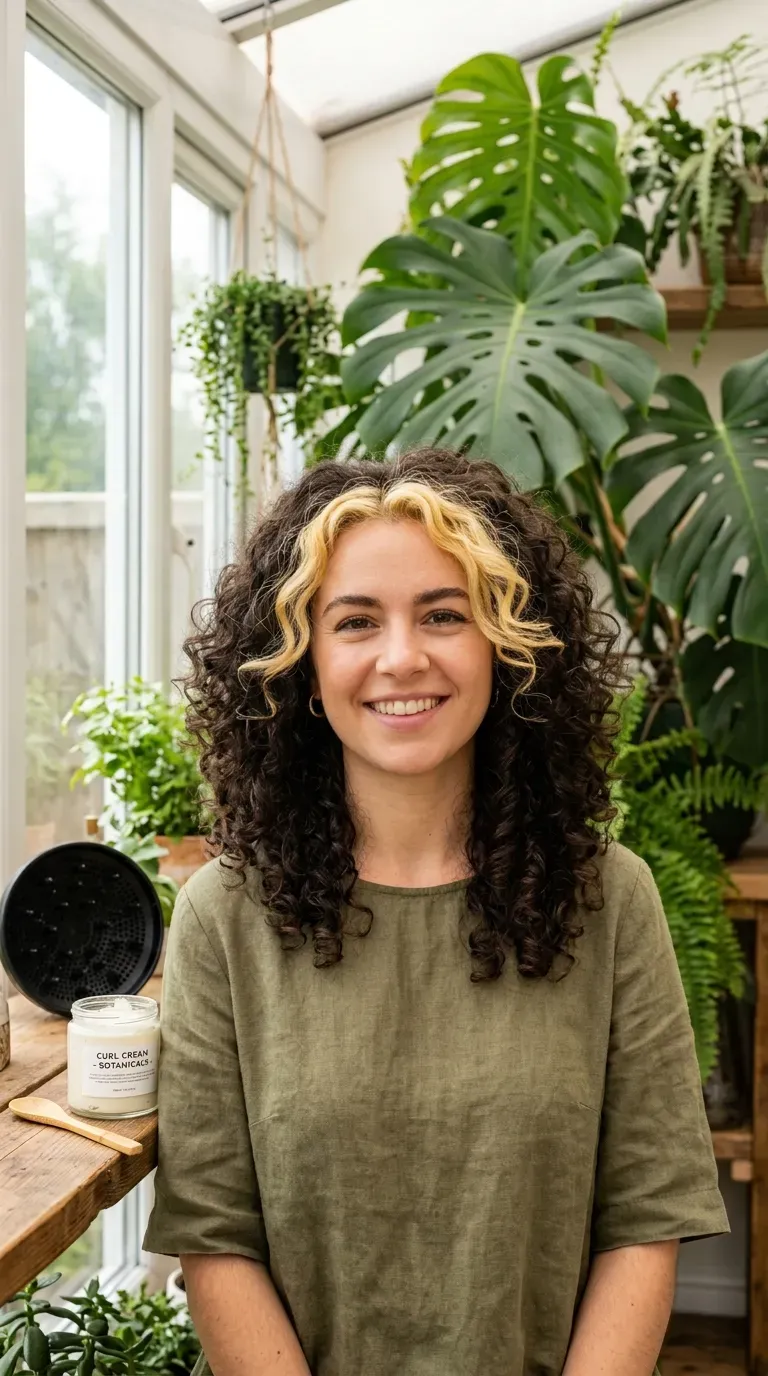 Woman with dark brunette curly hair and visible blonde money piece framing her curls