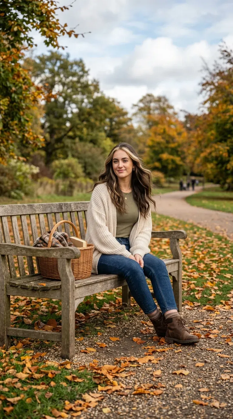 Woman with long layered dark brunette hair and blonde money piece styled in loose waves outdoors