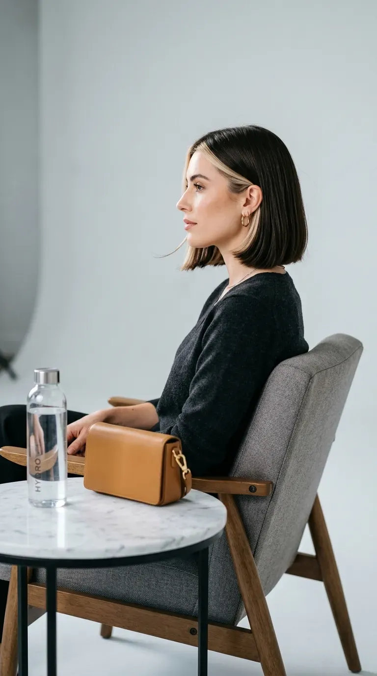 Side profile of woman with dark brunette chin-length bob and blonde money piece framing the jaw