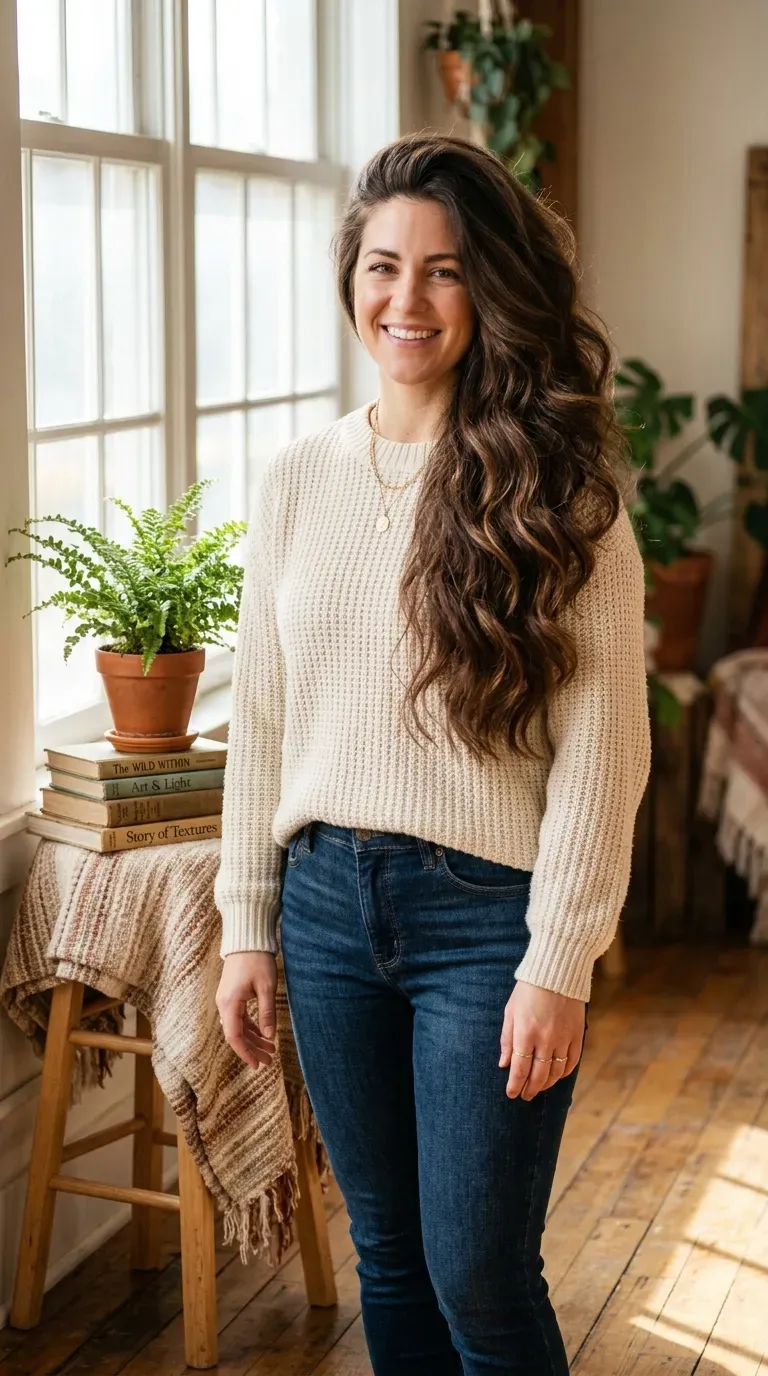 Woman with thick voluminous brunette hair styled with layered multi-tonal chocolate balayage through the lengths
