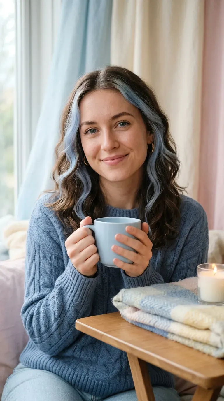 Close-up of woman with brunette hair and soft pastel baby blue balayage strands