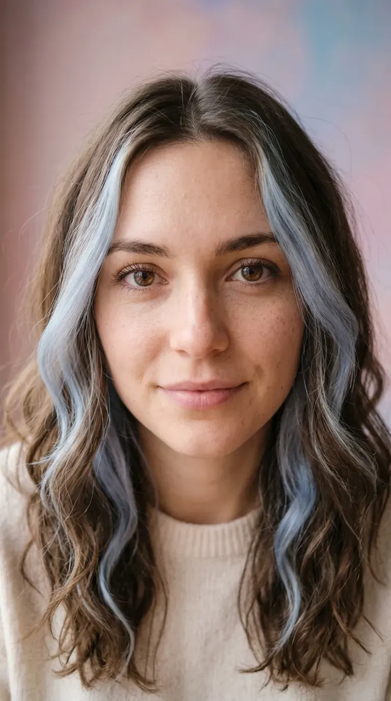 Close-up of woman with brunette hair and soft pastel baby blue balayage strands