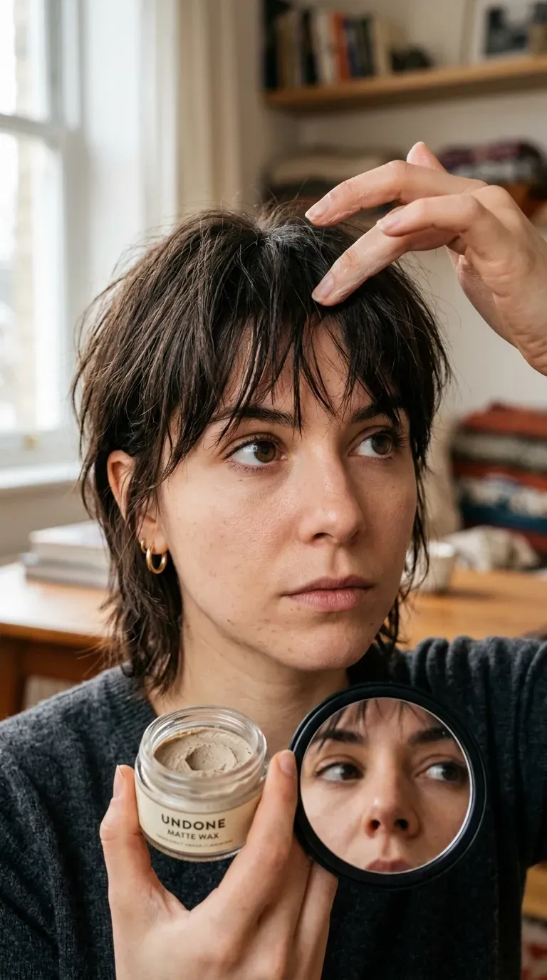 Close-up of piecey, textured fringe with separated, undone-looking ends
