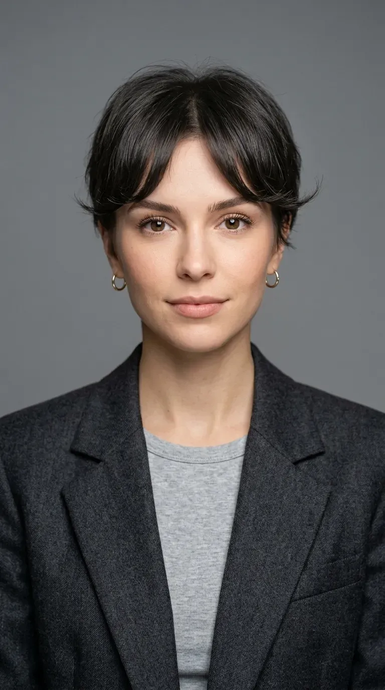 Woman with thin fine hair wearing a pixie cut with arched bangs sweeping upward