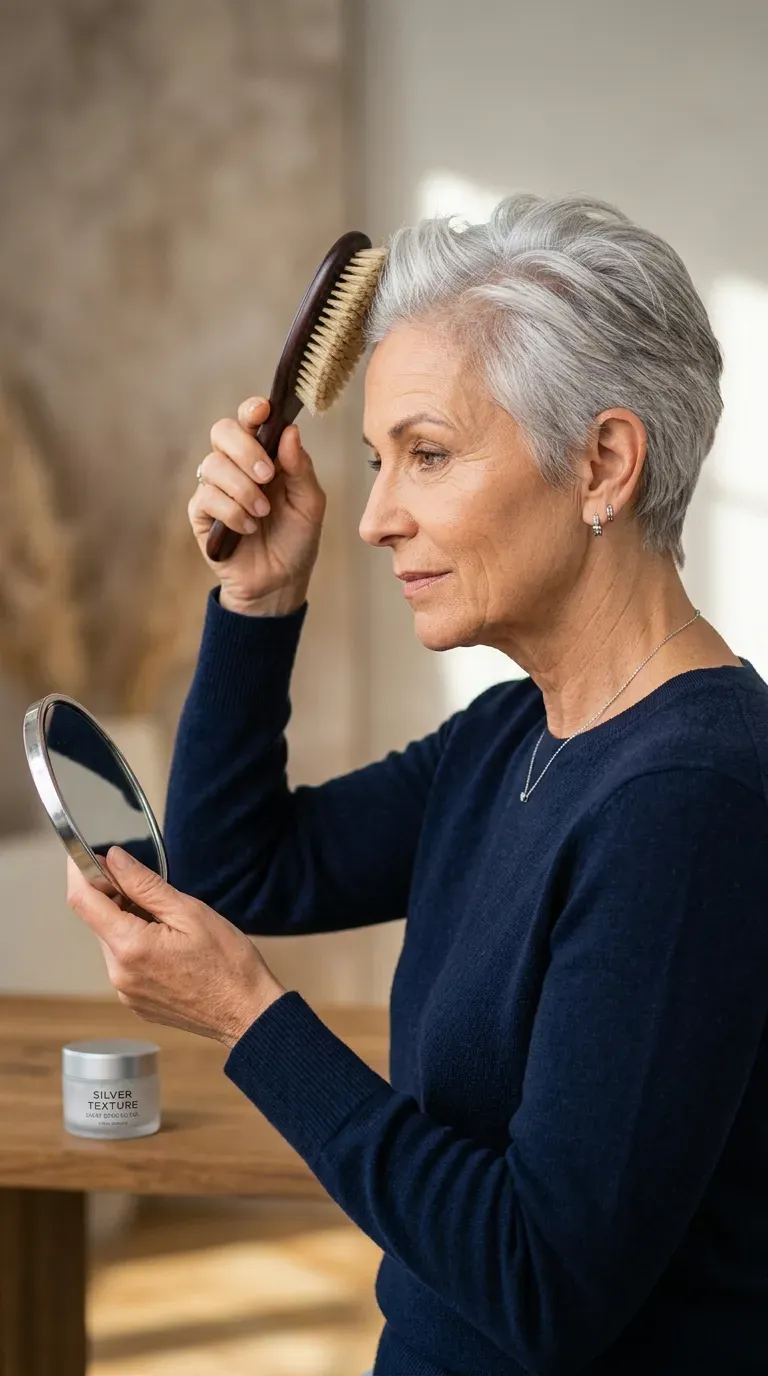 Woman over 60 with a pixie cut featuring bangs brushed back away from the face