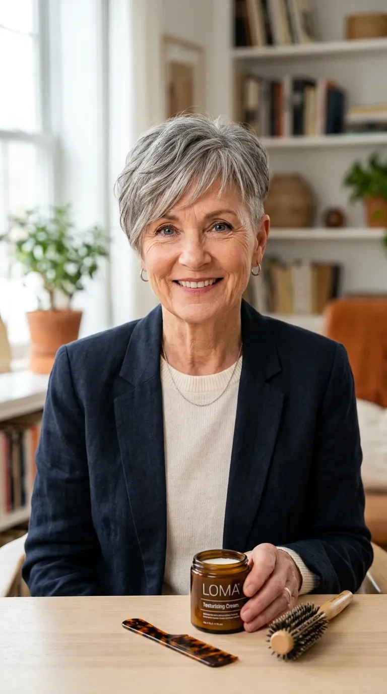 Woman over 60 with a pixie cut featuring extra length on top and soft bangs