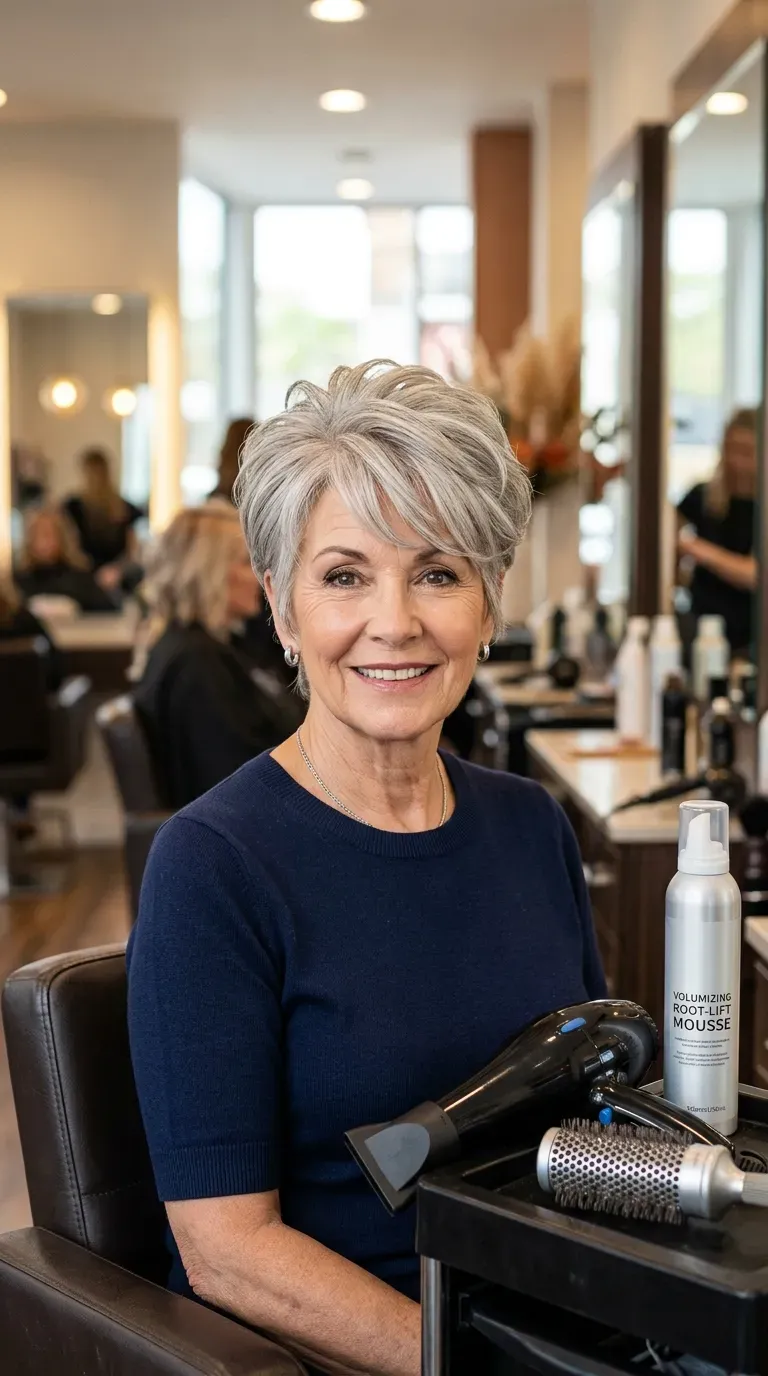 Woman over 60 with a pixie cut styled with lifted, voluminous bangs