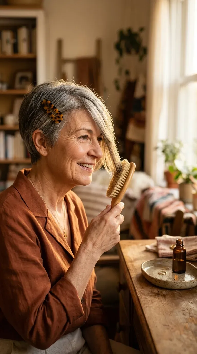 Woman over 60 with a pixie cut styled with a long, side-swept fringe