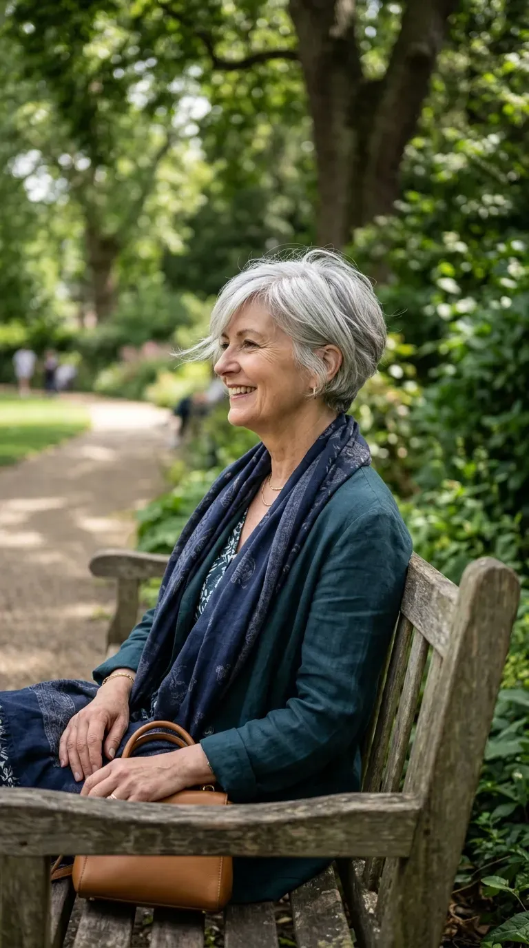 Woman over 60 with side-swept pixie fringe styled softly while sitting on a park bench