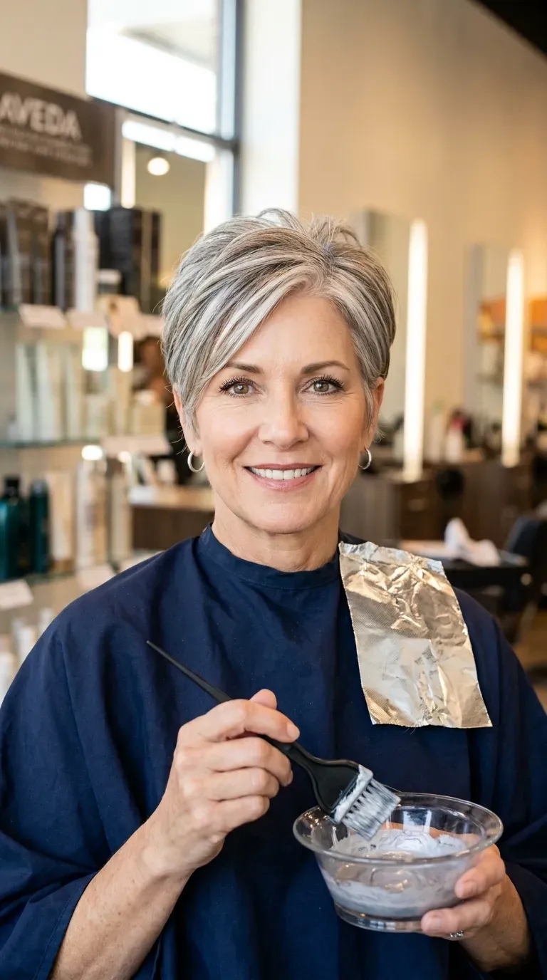 Woman over 50 with a pixie cut featuring soft, dimensional silver highlights