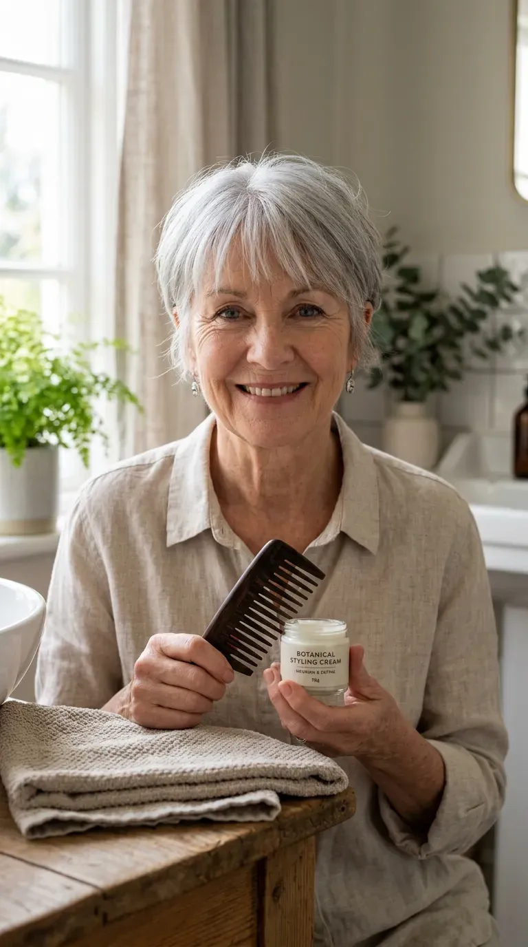 Woman over 60 with a pixie cut paired with soft, wispy bangs