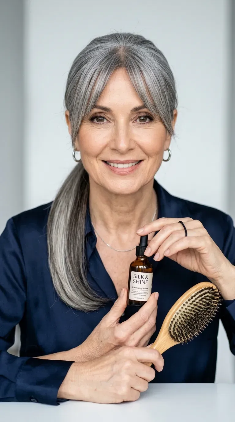 Woman over 60 with a sleek ponytail paired with soft curtain bangs