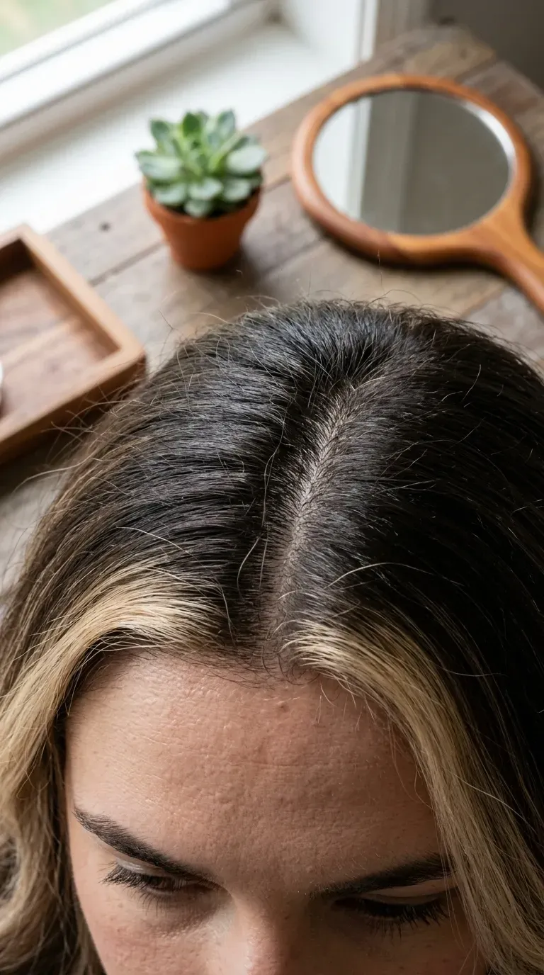 Close-up of hairline showing soft root-smudged blonde money piece blending into brunette roots