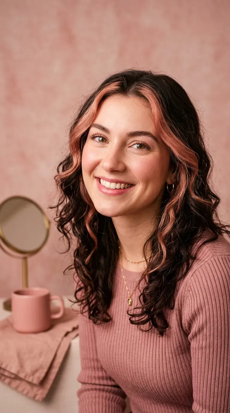 Close-up of woman with dark brunette hair and soft rose gold-toned money piece strands