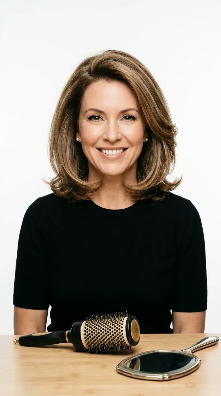 Woman over 40 with round-brush blowout bob styled with bounce and volume