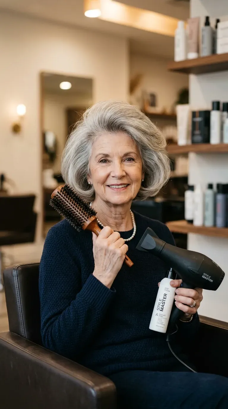 Elderly woman with a rounded bob styled with extra volume at the crown
