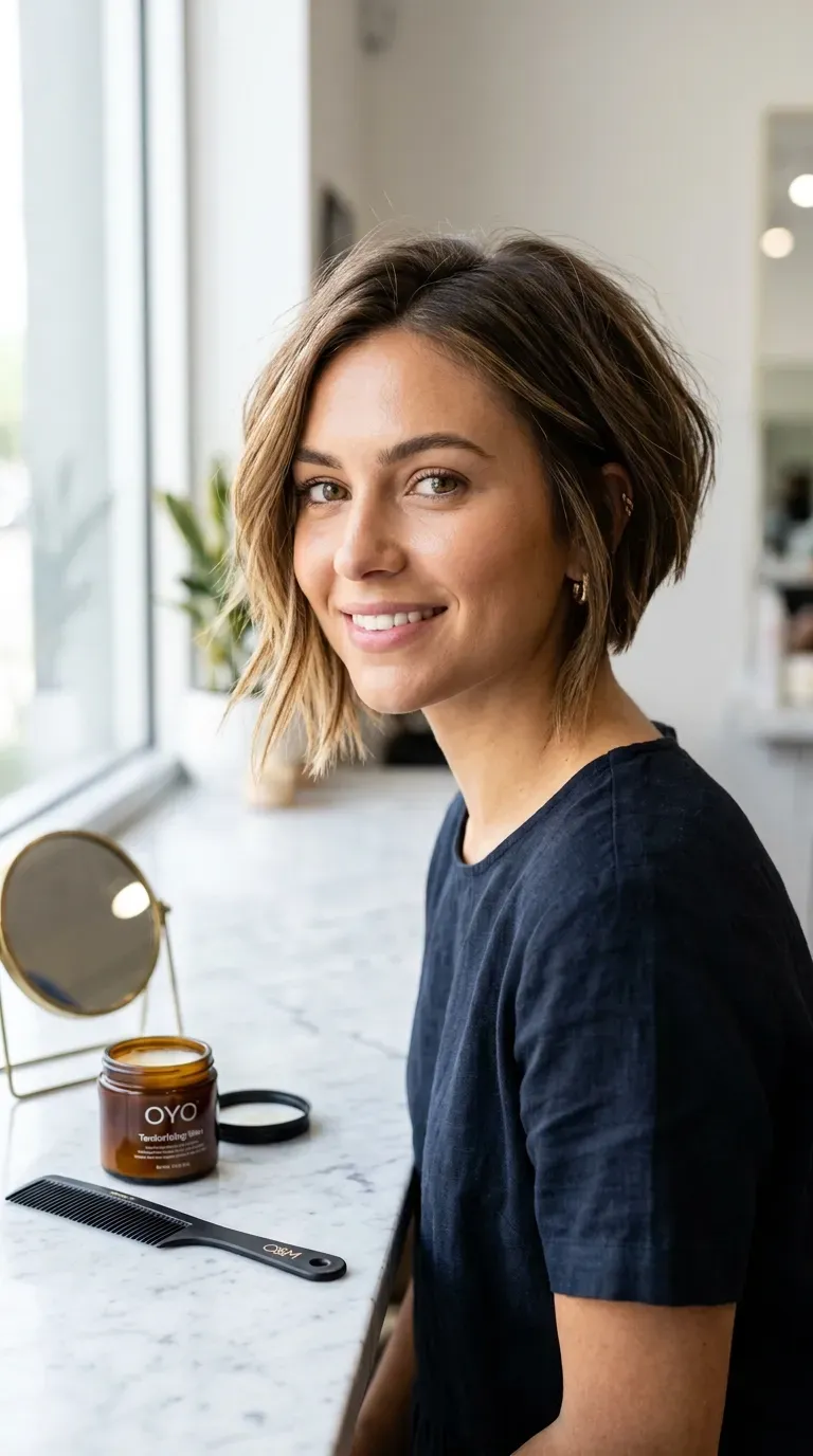 Woman with a soft, rounded stacked bob forming a gentle bell-shaped silhouette