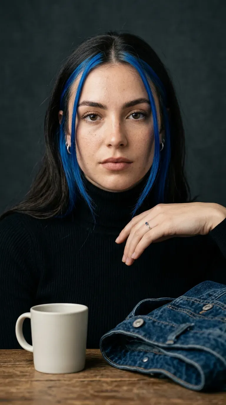 Close-up of dark brunette hair with vivid sapphire blue money piece framing the face