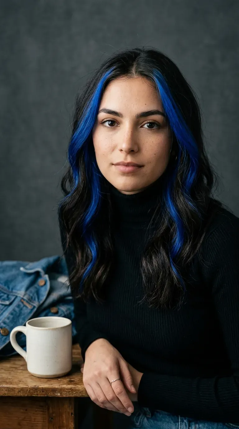 Close-up of dark brunette hair with vivid sapphire blue money piece framing the face