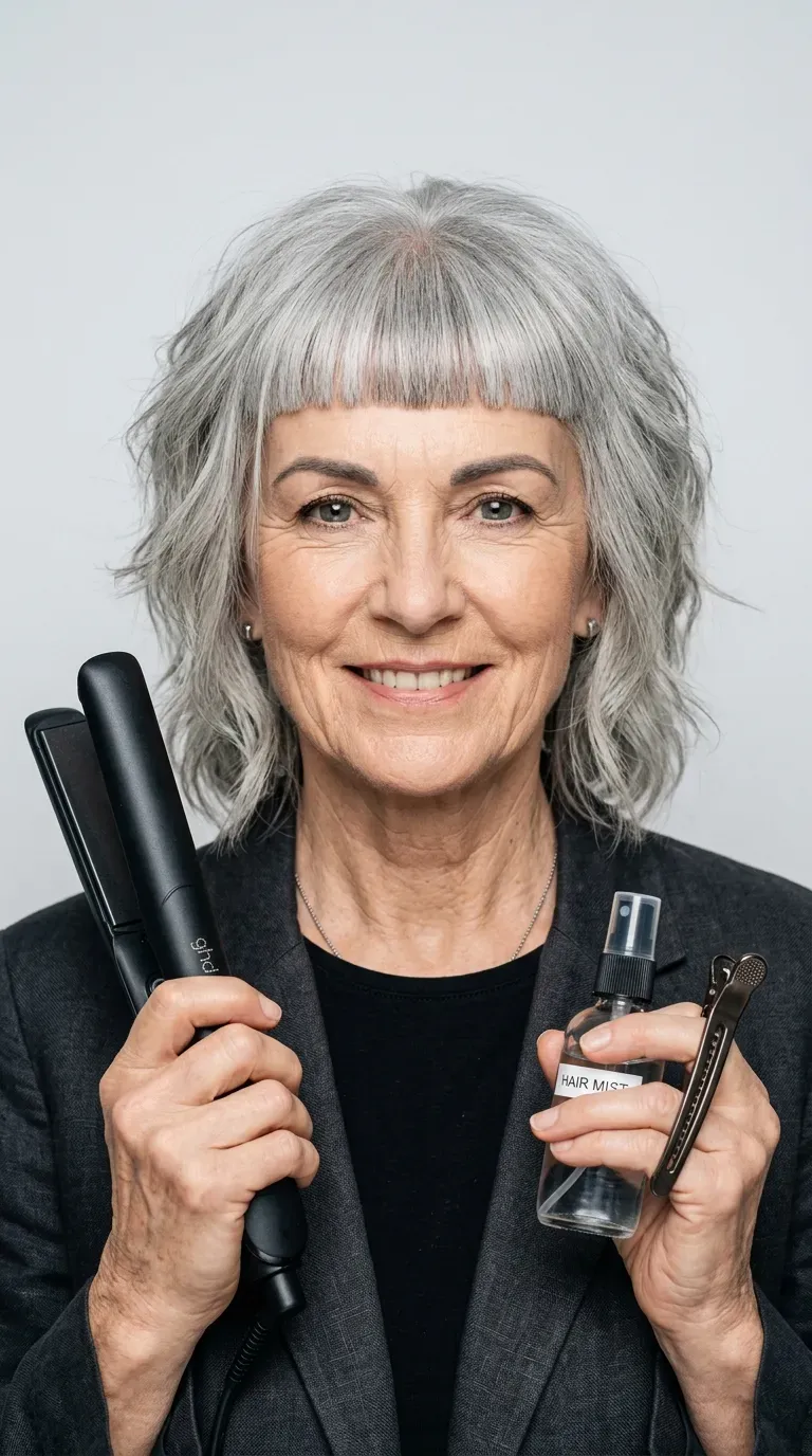 Woman over 60 with a shag haircut paired with a precise blunt fringe